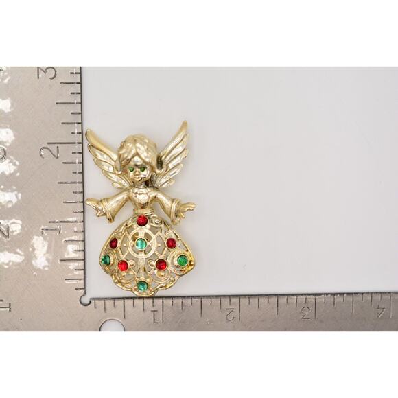 Tancer II Vintage Angel Pin Brooch Red Green Cabochon Christmas Signed Bin5B - Picture 12 of 12